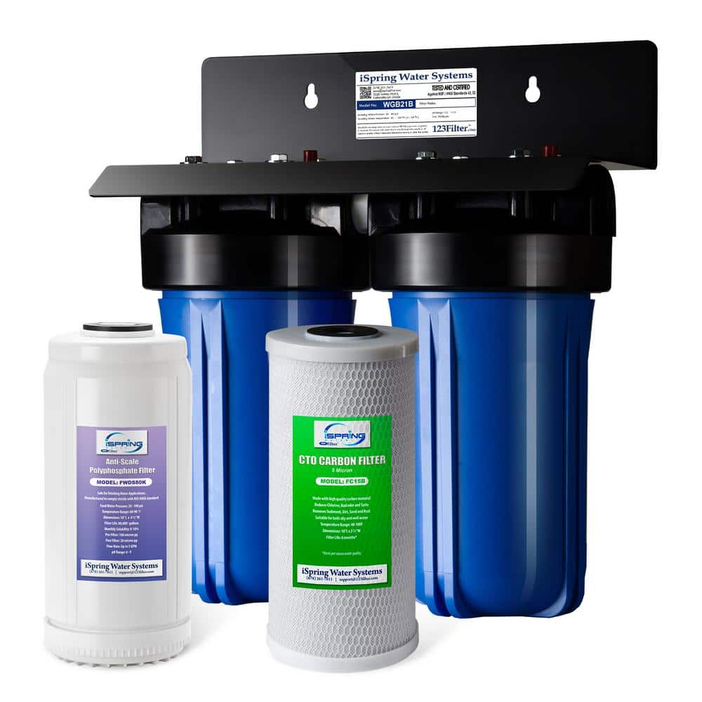 ISPRING 2-Stage Whole House Water Filtration System, 10" x 4.5" Sediment CTO Filter, Anti-scale poly filter, 1"