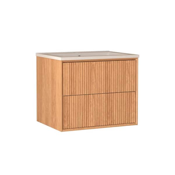 24 in. Floating Walnut Solid Wood Bath Vanity with White Resin Top Integrated Basin and 2 Storage Drawers, Unassembled