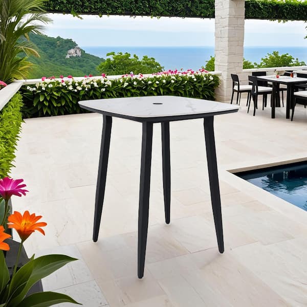 Modern 35.4 in. Rounded Square Aluminum Outdoor Bar Table, White Inspired Sintered StoneTop, Weatherproof Bistro Table