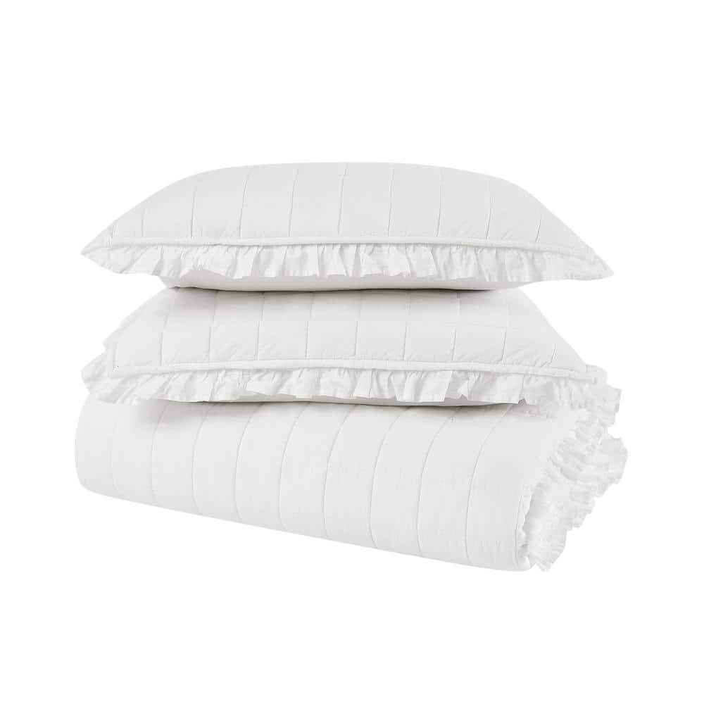White Cotton Twin Quilt Set with Ruffled Edges