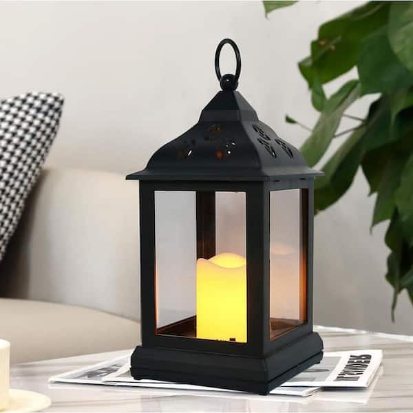 9.5 in. x 4 in. Black Plastic Vintage Lantern with LED Candle (2
