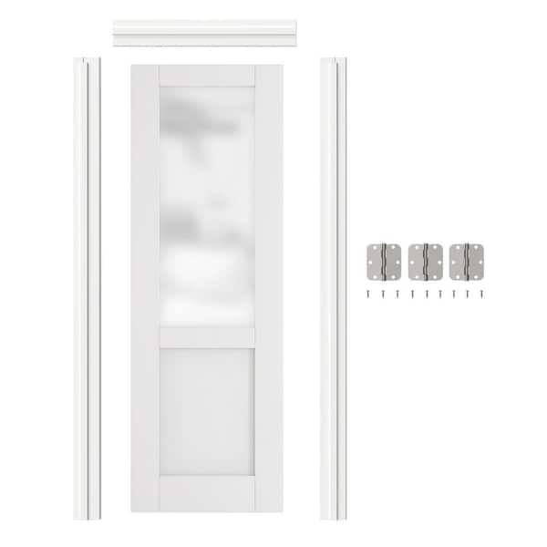 TENONER 30 in. x 80 in.1/2 Lite Frosted Glass Prehung Interior Door Left-Handed MDF White Primed, with Door Jamb Hardware Kit