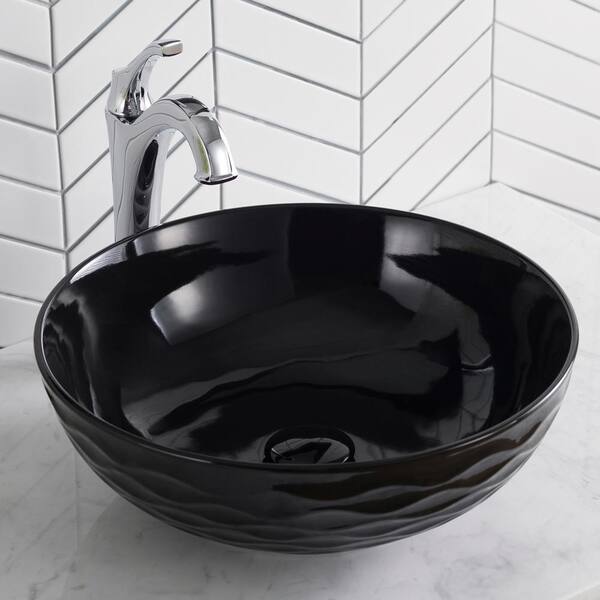 KRAUS Viva 16.5 in. Round Vessel Bathroom Sink in Black Vitreous China with Pop-Up Drain