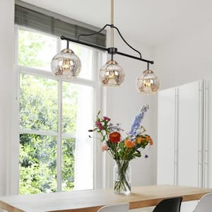 Farmhouse Black Dining Room Hanging Pendant Light, 28.5 in. 3-Light Modern Brass Pendant Light, Mercury Glass Chandelier
