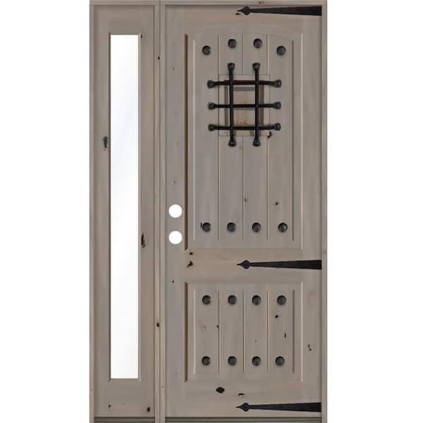 Krosswood Doors 50 in. x 96 in. Mediterranean Knotty Alder Right-Hand/Inswing Clear Glass Grey Stain Wood Prehung Front Door w/Sidelite