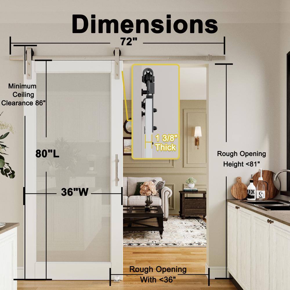 36 in. x 80 in. Frosted Glass White MDF Sliding Barn Door with Nickel Hardware