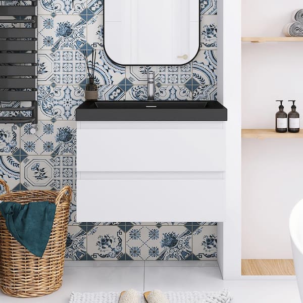 Staykiwi 29.5 in. W x 18.9 in. D x 21.7 in. H Wall Mounted Bath Vanity in White with Black Cultured Marble Top