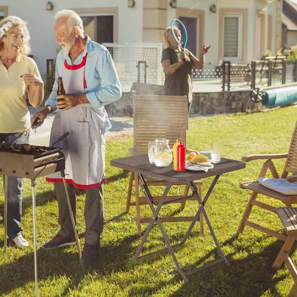 23.5 in. Brown Square Iron Folding Table Indoor Outdoor Plastic Picnic Tables Seats 4-People