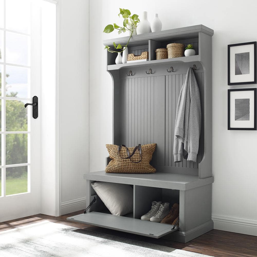 Distressed Gray Coastal Hall Tree with Storage and Hooks