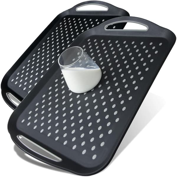 17.8 in. W x 1.8 in. H x 12.5 in. D Serving Tray with Handles, Silicone Grippy Dots Lap Trays for Eating, 2-Set, Black