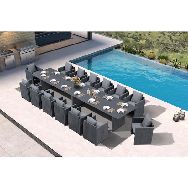 15-Piece Aluminum Outdoor Dining Set All-Weather Modern Rectangular Dining Table & Chairs with Olefin Cushions, Grey