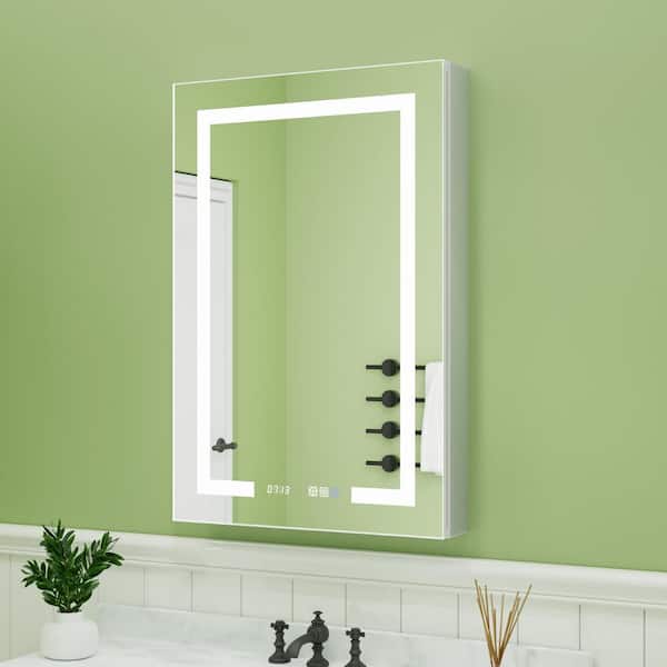 24 in. W x 36 in. H Rectangular Silver Aluminum Recessed/Surface Mount Right Medicine Cabinet with Mirror, LED and Clock