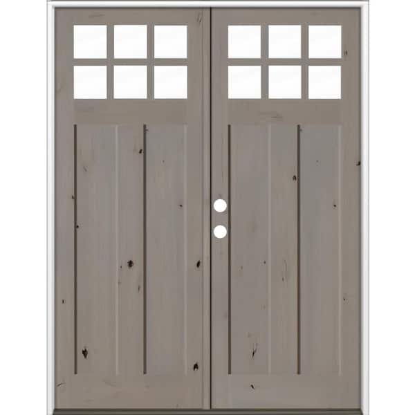 72 in. x 96 in. Knotty Alder Right-Hand/Inswing Double 6-Lite Clear Glass Weathered Gray Stain Wood Prehung Front Door