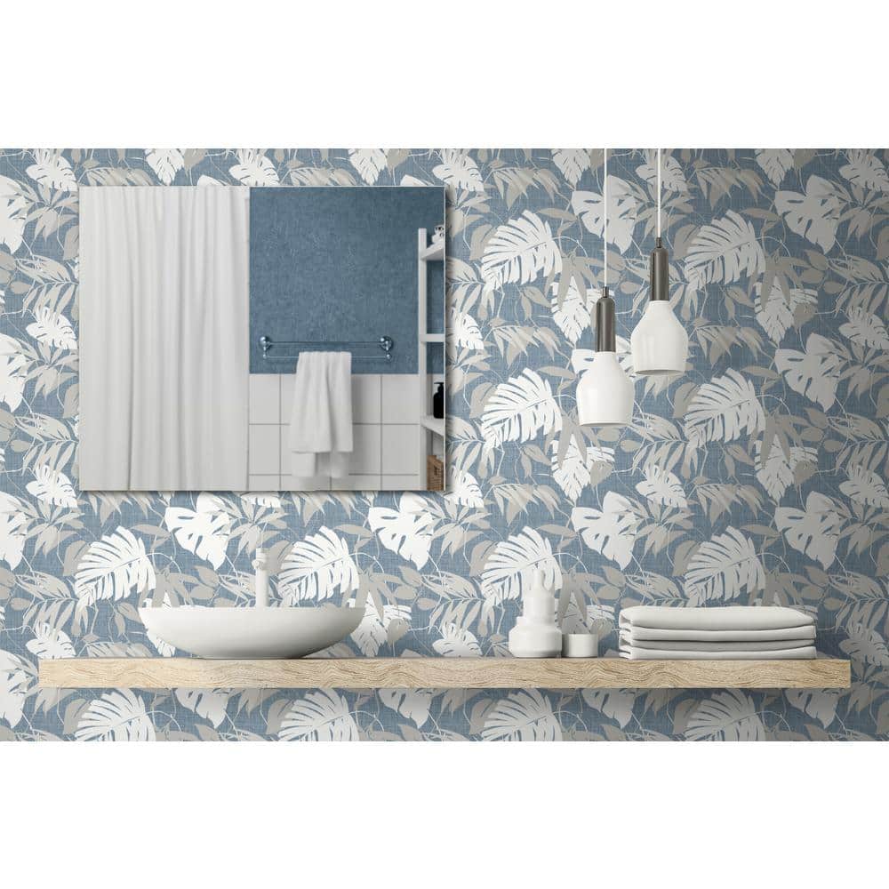 Ocean Swell Blue and White Palm Leaves Non-Pasted Wallpaper