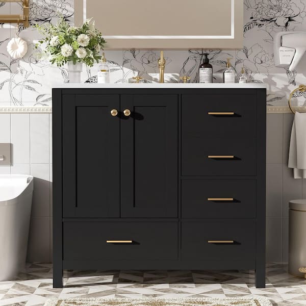 36 in. Single Sink Freestanding Black Bath Vanity with White Ceramic Top , 4 Drawers and 2 Shelves Cabinet Unassembled