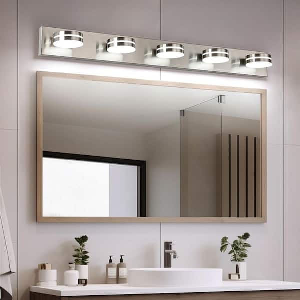 40.55 in. 5-Light Nickel LED Vanity Light with Dimmable 5500K Light and 270° Swivel Range Acrylic Lampshade