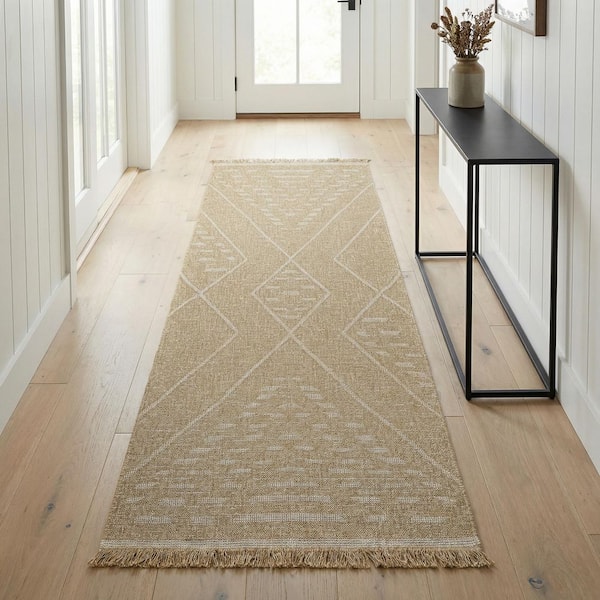 Naturalistic Rattan Natural 3 ft. x 10 ft. Casual Flatwoven Geometric Polypropylene Runner Indoor/Outdoor Area Rug