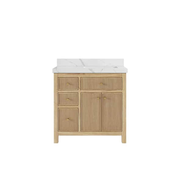 Willow Collections Sonoma Teak 36 in. W x 22 in. D x 36 in. H Right Offset Sink Bath Vanity in Light Teak with 2 in. Calcutta Laza Qt. Top