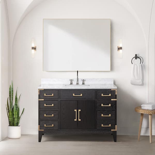 Lexora Fossa 48 in W x 22 in D Black Oak Single Bath Vanity, Carrara Marble Top, and Faucet Set