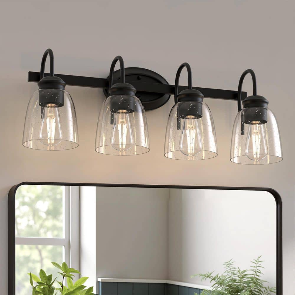 25 in. 4-Light Matte Black Bathroom Vanity Light with Seeded Glass Shade, Modern KD Wall Light for Mirror price history on PriceWatchPro