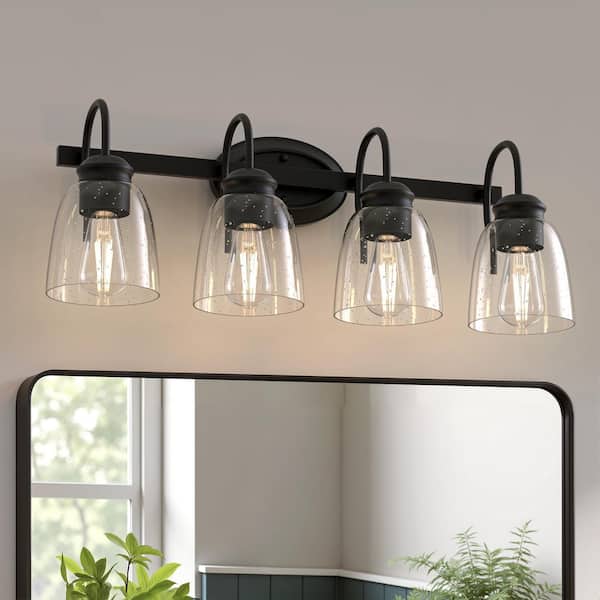 25 in. 4-Light Matte Black Bathroom Vanity Light with Seeded Glass Shade, Modern KD Wall Light for Mirror