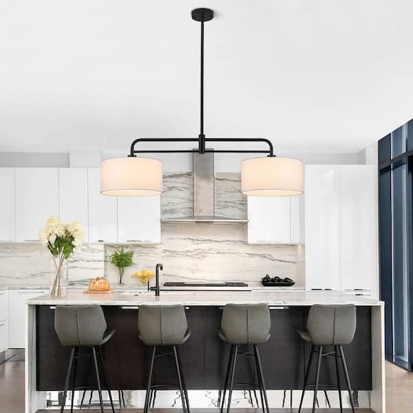 2 light 39.37 in. Black Modern Linear Chandelier with White Fabric Drum Shade for Kitchen Island with No Bulbs Included
