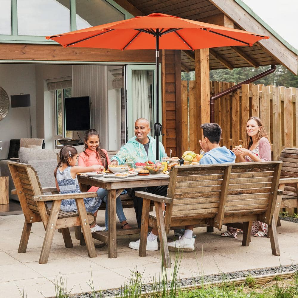 9' Orange Round Steel Patio Umbrella with Solar LED Lights
