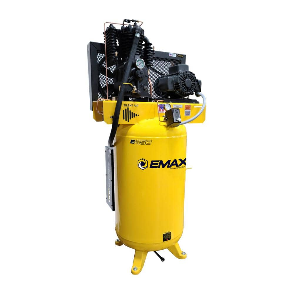 Silent Air Industrial E450 80 Gal. 175 psi Electric 5 HP 19 CFM 1-Ph 2-Stage Pressure Lube Air Compressor, 30 CFM Dryer -  EMAX, HSP05V080I1PK