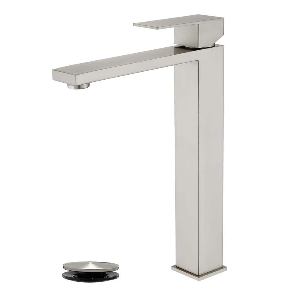 Single Handle Vessel Sink Faucet with Pop-Up Drain, Tall Single Hole Bathroom Faucet in Brushed Nickel