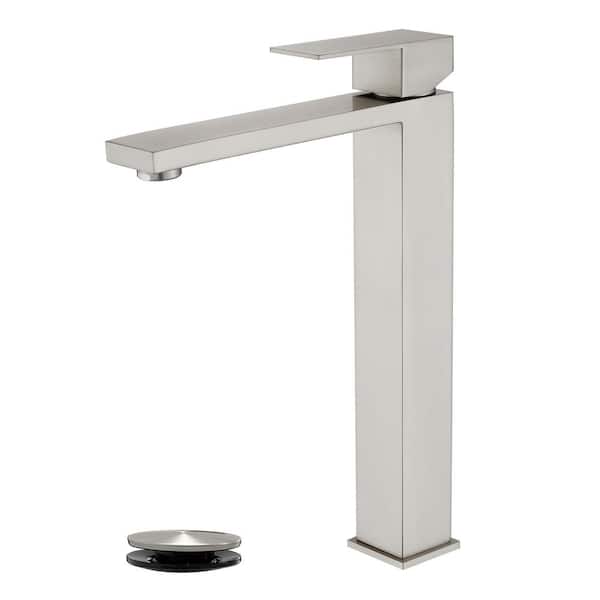 Fapully Single Handle Vessel Sink Faucet with Pop-Up Drain, Tall Single Hole Bathroom Faucet in Brushed Nickel