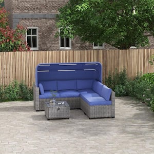 6 Pieces Wicker Patio Conversation Set with Retractable Canopy Outdoor Adjustable Backrest Blue Cushions