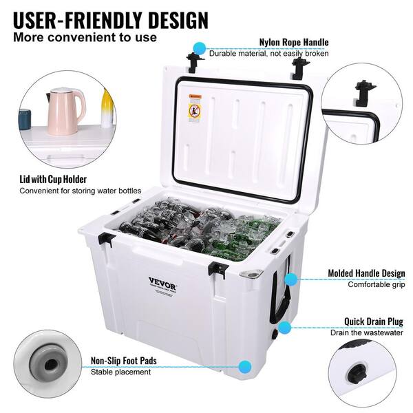 VEVOR 65 qt. Insulated Portable Cooler - Holds 65 Cans Ice Retention Hard Cooler with Heavy-Duty Handle Ice Chest Lunch Box