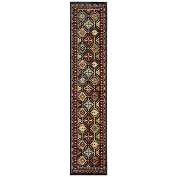 2 X 12 Navy Blue, Red, Orange Oriental Washable Area Rug Runner Rug