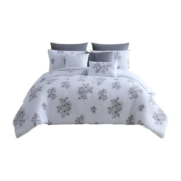 THE URBAN PORT Kuri 8- Piece White and Gray Floral Microfiber King Comforter Set