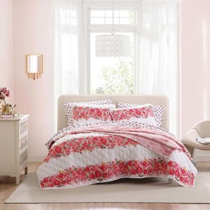 Branded Floral 3-Piece Pink Microfiber Full/Queen Reversible Quilt Set