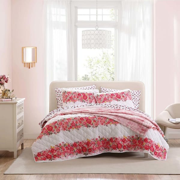 BETSEY JOHNSON Branded Floral 3-Piece Pink Microfiber King Reversible Quilt Set