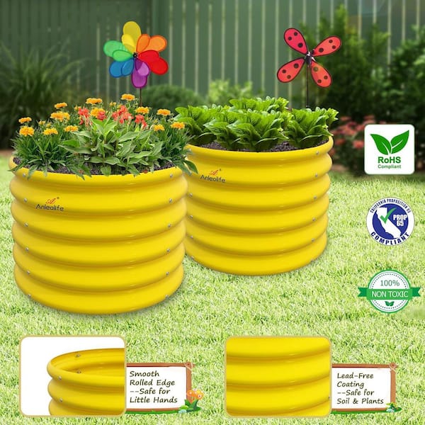 24 in. Sunlit Gold Round Kids Raised Garden Beds Galvanized Metal Planter  Box Eco-Safe and Easy Setup for Flower(4-Pack) dd-008 - The Home Depot