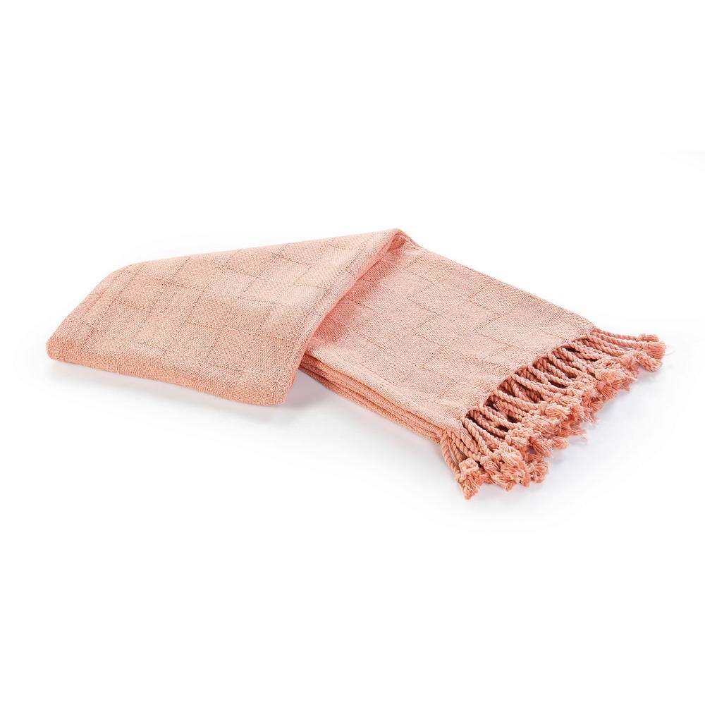 Coral Pink Organic Cotton Throw Blanket with Fringe