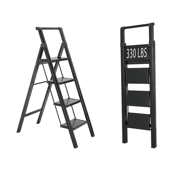 Tatayosi 4-Step Aluminum Folding Step Stool Ladder 330 lbs. Load Capacity Type IA Duty Rating (5.48 ft. Reach Height), Black