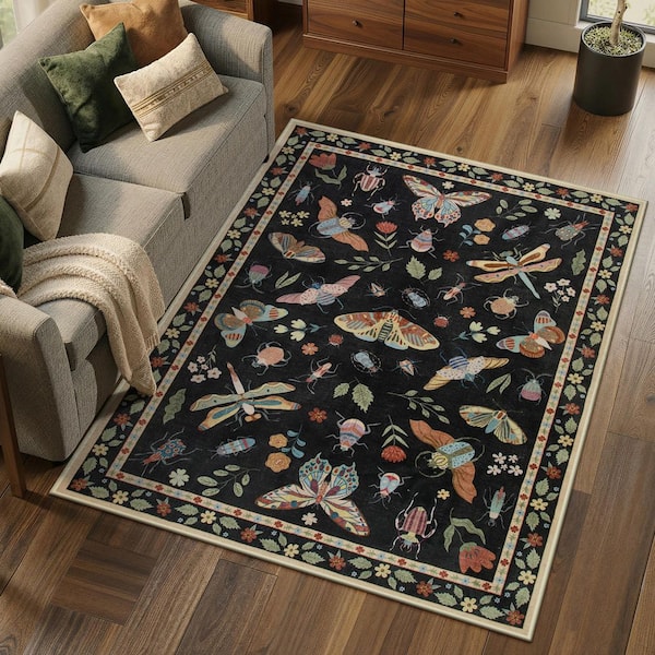 Washable Modern Insect Pattern Non Slip Black 5 ft. x 7 ft. Living Room/Bedroom Indoor Area Rug