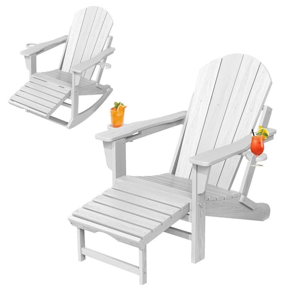 Adirondack Plastic HDPE Folding Outdoor Rocking Chair with Retractable Ottoman and Cup Holder for Patios in White