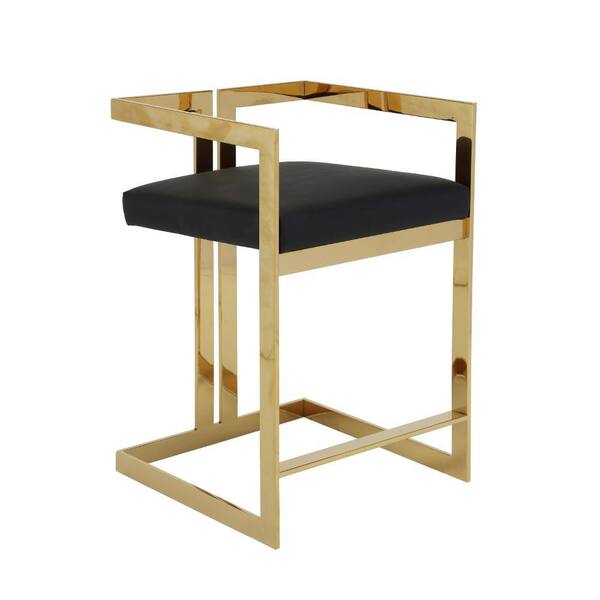 Benjara 25.5 in. Black and Gold Low Back Metal Frame Bar Stool with Faux Leather Seat