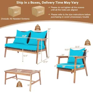 4-Pieces Patio Conversation Set Wood Frame Furniture Set with Turquoise and Black Cushions