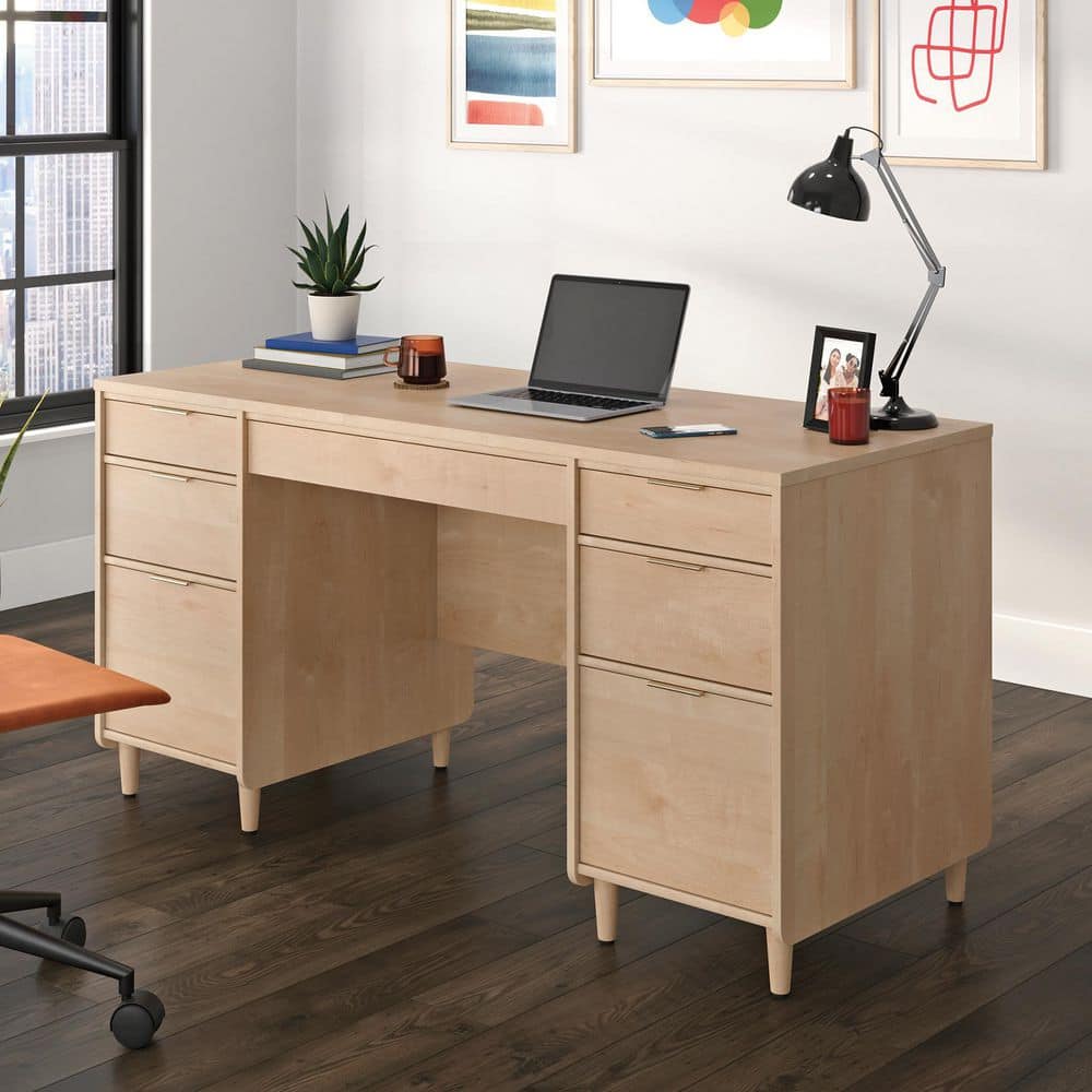 Clifford Natural Maple Executive Desk with Keyboard Tray and Filing Cabinet