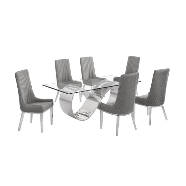 Garrett 7-Piece Clear Tempered Glass Top with Stainless Steel Base Dining Set with 6 Dark Grey Fabric Chairs