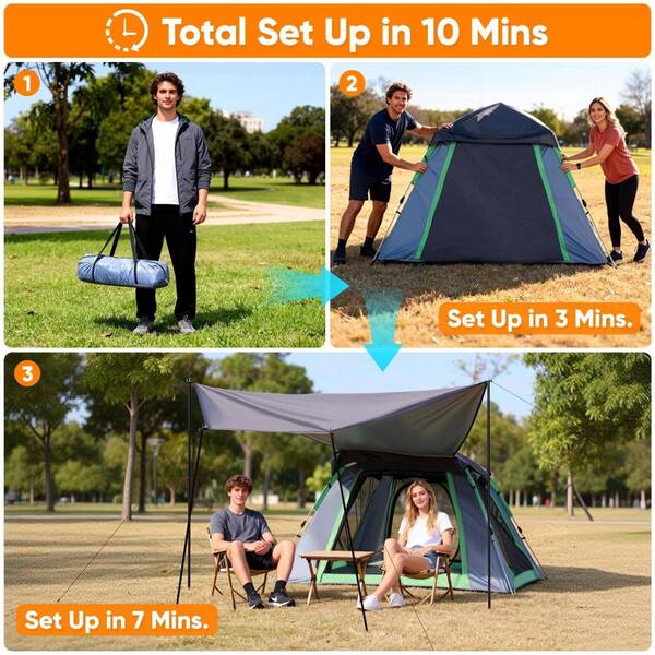Waterproof Pre-Attached Pole Setup Camping Tent, 4-Side Mesh