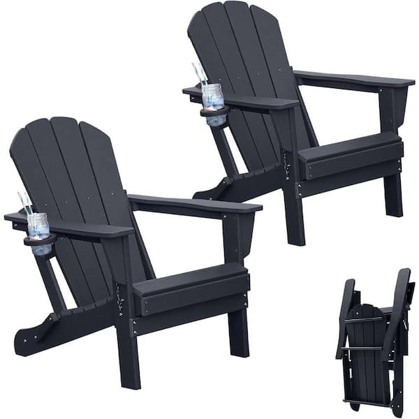 Black Outdoor Folding Plastic Adirondack Chair with Cup Holder for