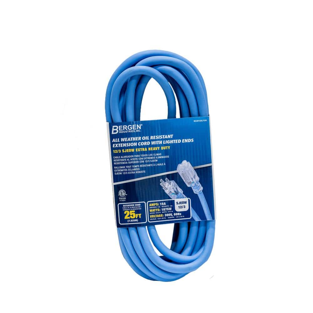 Bergen Industries 25 ft. 12/3 SJEOW 15 AMP Blue Outdoor Heavy-Duty, All  Weather Extension Cord with Lighted End SC25123LTOR The Home Depot
