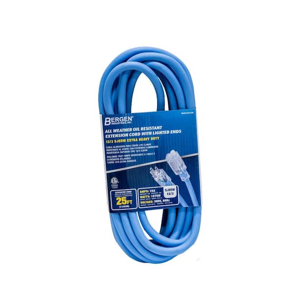 Bergen Industries 25 ft. 12/3 SJEOW 15 AMP Blue Outdoor Heavy-Duty, All Weather Extension Cord with Lighted End