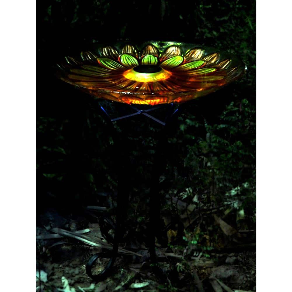 Solar Floral Glass Bird Bath with Metal Stand